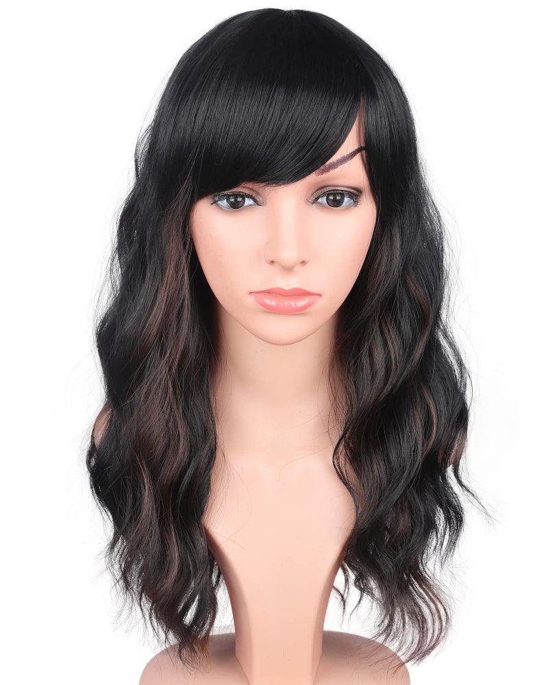 SYMEIW Black Wavy Wig With Brown Highlights For Women - Medium Long Synthetic Wig With Bangs For Daily Use (Black With Brown Highlights) - Image 1